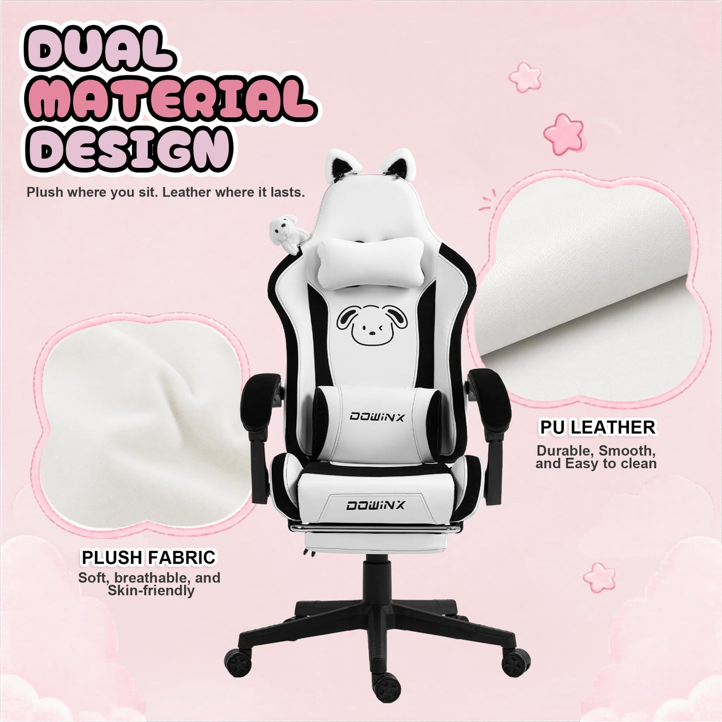 Dowinx Cat Ear Gaming Chair for Adults, Ergonomic Computer Chair with Massage Lumbar Support, Reclining Gamer Chair with Footrest and Headrest, 290 lbs