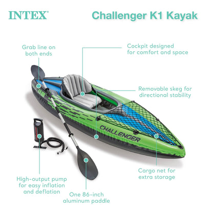 INTEX 68305EP Challenger K1 Inflatable Kayak Set: Includes Deluxe 86in Aluminum Oar and High-Output Pump – Adjustable Seat with Backrest – Removable Skeg – 1-Person – 220lb Weight Capacity