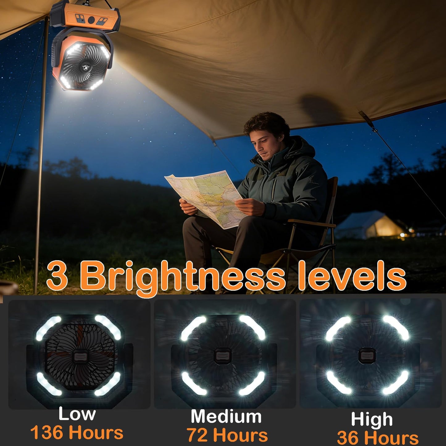 VolyCyrenic Camping Portable Fan, 16000mAh Rechargeable Battery Powered Fans with LED Light for Tent, Auto Oscillation Desk Fans with Remote & Hook & Timer, Orange