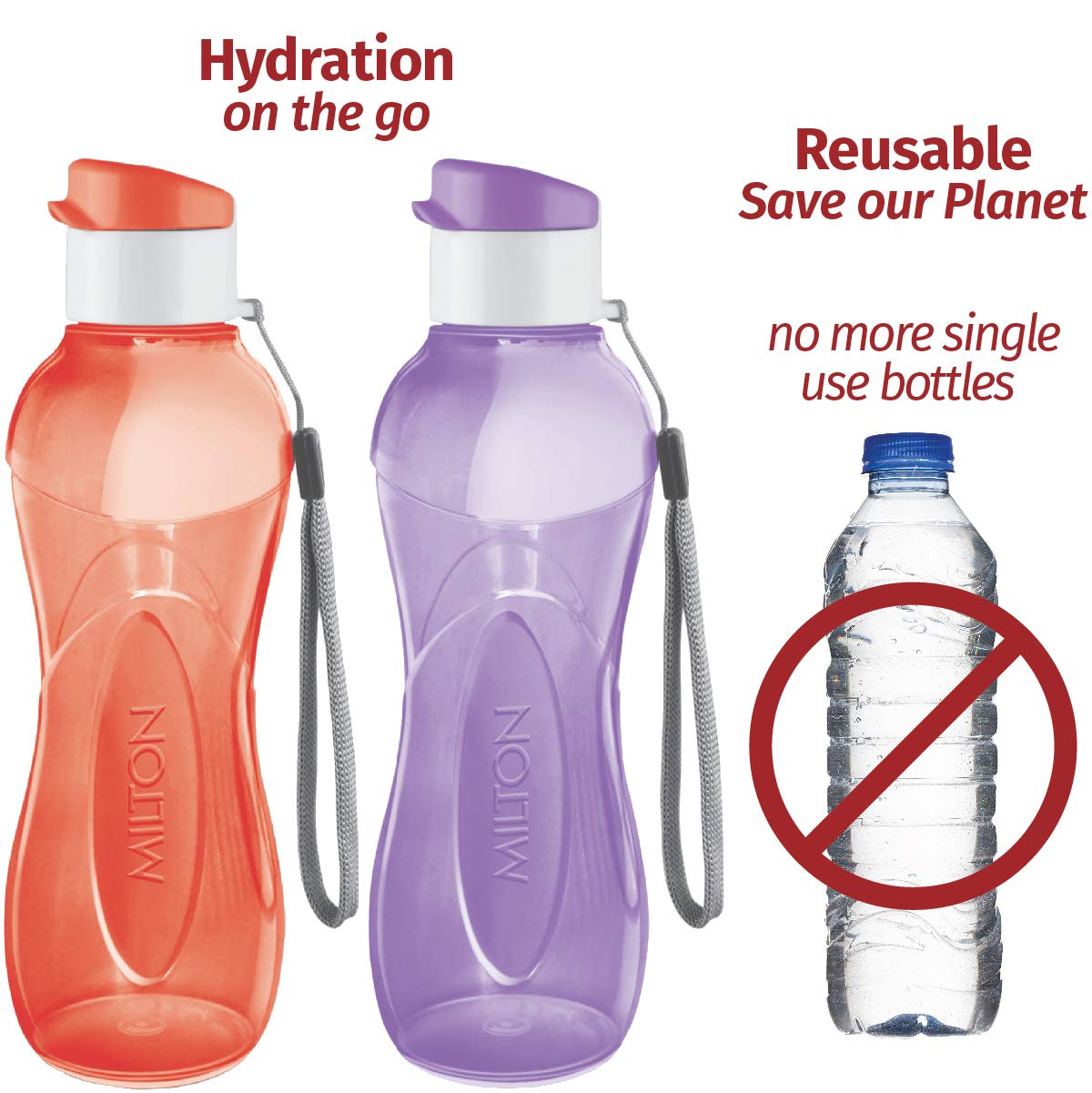 MILTON Water Bottle Kids Reusable Leakproof 12 Oz Plastic Wide Mouth Large Big Drink Bottle BPA & Leak Free with Handle Strap Carrier for Cycling Camping Hiking Gym Yoga - Set of 6