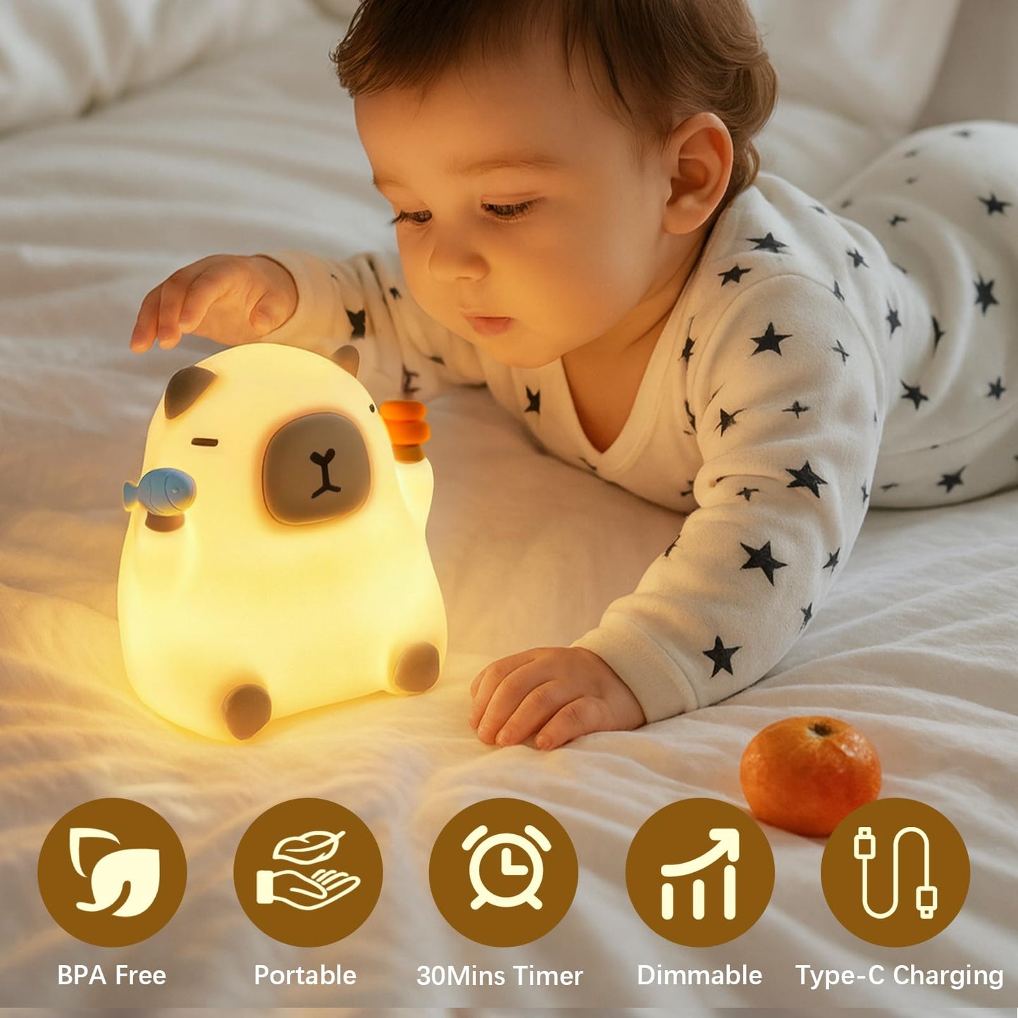 Capybara Night Light Lamp for Kids, Cute Silicone Touch Night Lamp Dimmable LED Nightlight with Timer, Rechargeable Bedside Toddler Light for Bedroom Nursery Decor, Gifts for Baby Boys Girls