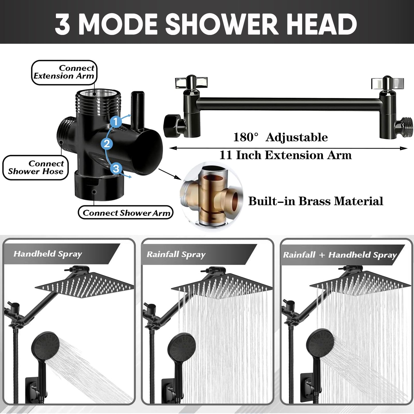 10 Inch GIFTQOOL Matte Black Rainfall Handheld Shower Head Combo Set High Pressure Dual 5 Modes Shower Head with Adjustable Rain Extension Arm, Hose, Holder Pomme De Douche
