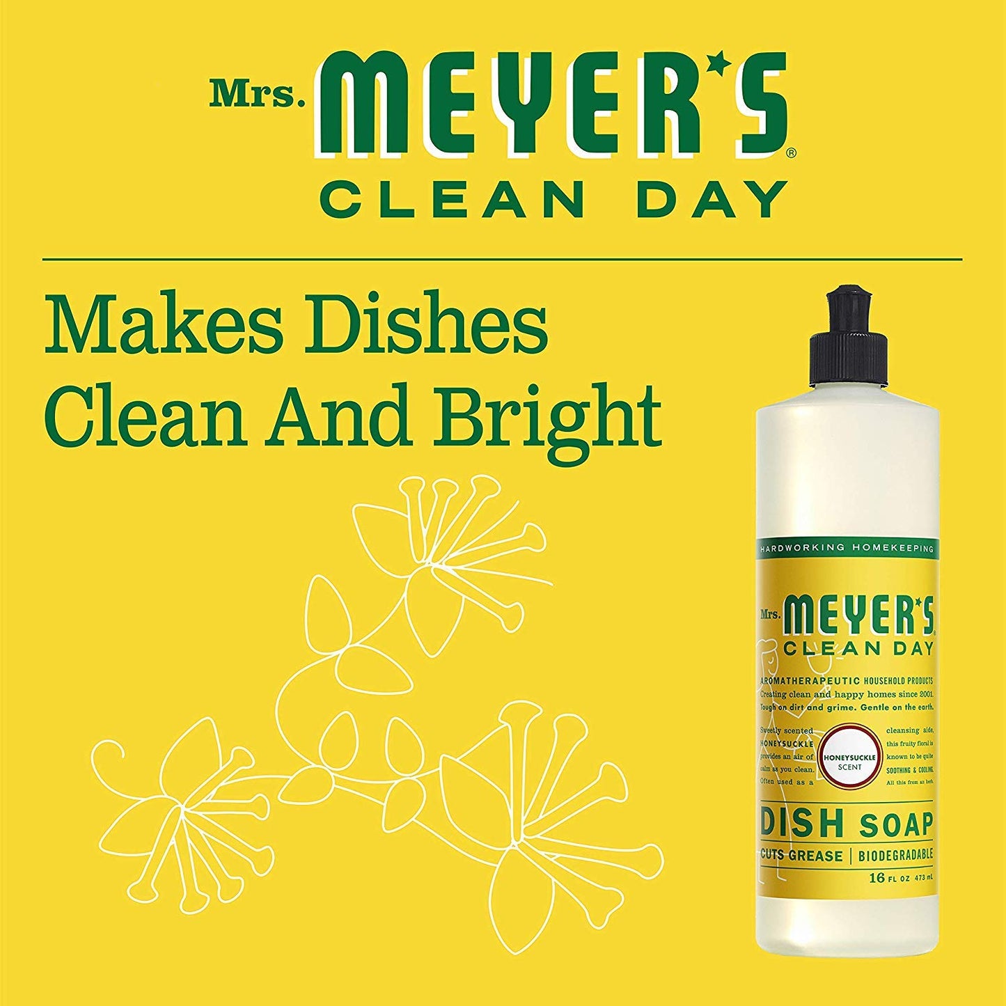 Mrs. Meyer's Clean Day Dish Soap, Cruelty Free and Biodegradable Dishwashing Liquid, Honeysuckle Scent, 474 ml Bottle
