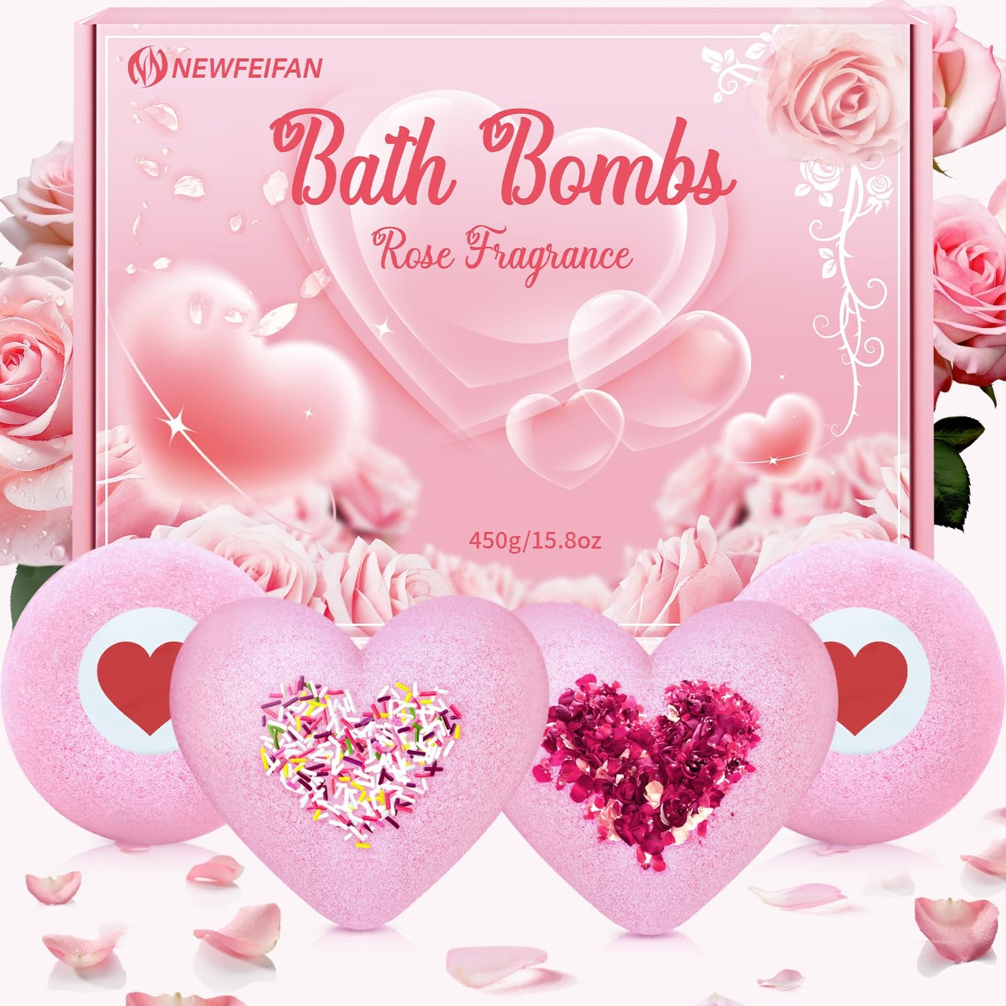 Bath Bombs for Women XXL, Basket Set for Mothers Day Gifts for Mom, 4-Pack Handmade Natural & Organic Rose Essential Oil, Pink Teacher Appreciation Gifts for Wife Daughter Girlfriend Coworkers