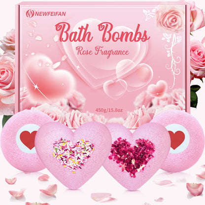 Bath Bombs for Women XXL, Basket Set for Mothers Day Gifts for Mom, 4-Pack Handmade Natural & Organic Rose Essential Oil, Pink Teacher Appreciation Gifts for Wife Daughter Girlfriend Coworkers