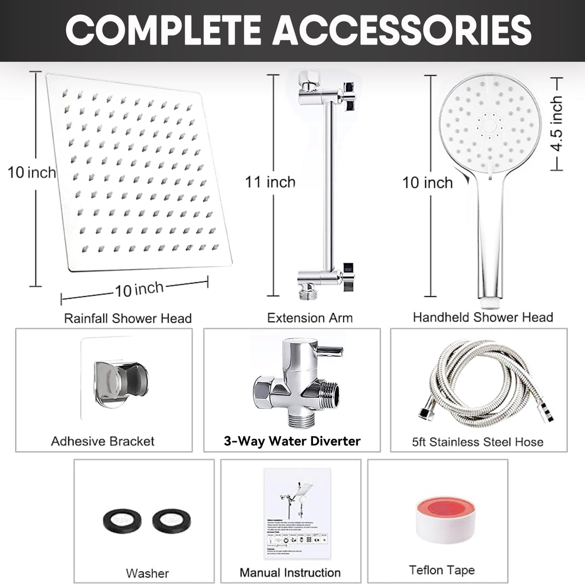 GIFTQOOL 10 Inch Chrome Dual Rain Handheld Shower Head Combo Set 5 Modes High Pressure Rainfall Shower Head with Adjustable Extension Arm, Hose