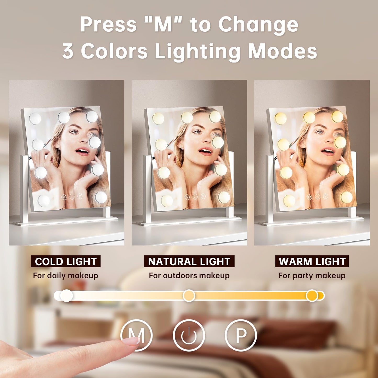PUKANIUM Vanity Mirror with Light, Hollywood Mirror with Light, Makeup Mirror, 9 Dimmable LED Bulbs, 3 Colors Modes,Smart Touch Control, White