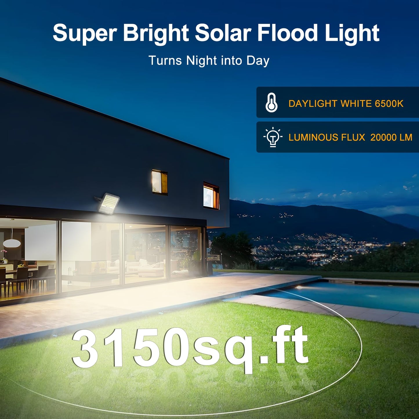 Solar Lights Outdoor Solar Flood Lights - 20000 Lumens LED Flood Lights 20000mah IP65 Waterproof Solar Lights | Outside Security Lighting for Yard Stadium Garden (no Motion Sensor)