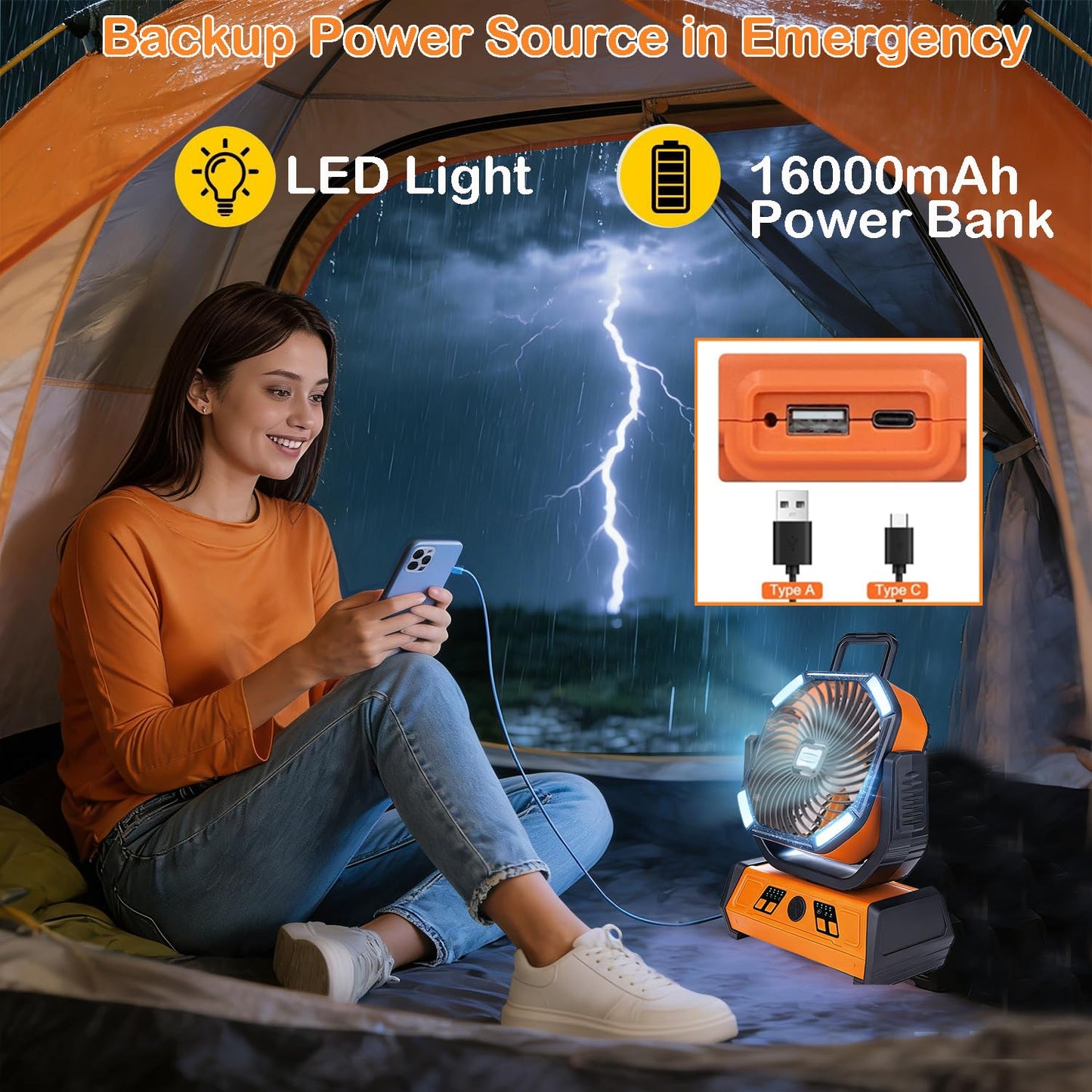 VolyCyrenic Camping Portable Fan, 16000mAh Rechargeable Battery Powered Fans with LED Light for Tent, Auto Oscillation Desk Fans with Remote & Hook & Timer, Orange