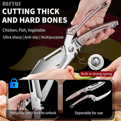 BEFYUS Kitchen Scissors Heavy Duty - Premium Kitchen Shears with Ultra Sharp Stainless Steel Multi-Function Food Scissors，Poultry Shears Scissor Tools for Cutting Chicken/Meat/Fish/Bone (Brown)