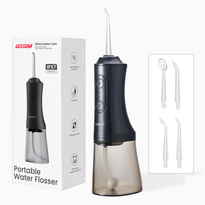 Portable Water Flosser for Travel and Braces Care - 300ML Tank, 3 Modes, 4 Jet Tips, USB Rechargeable, IPX7 Waterproof Oral Irrigator (Black)
