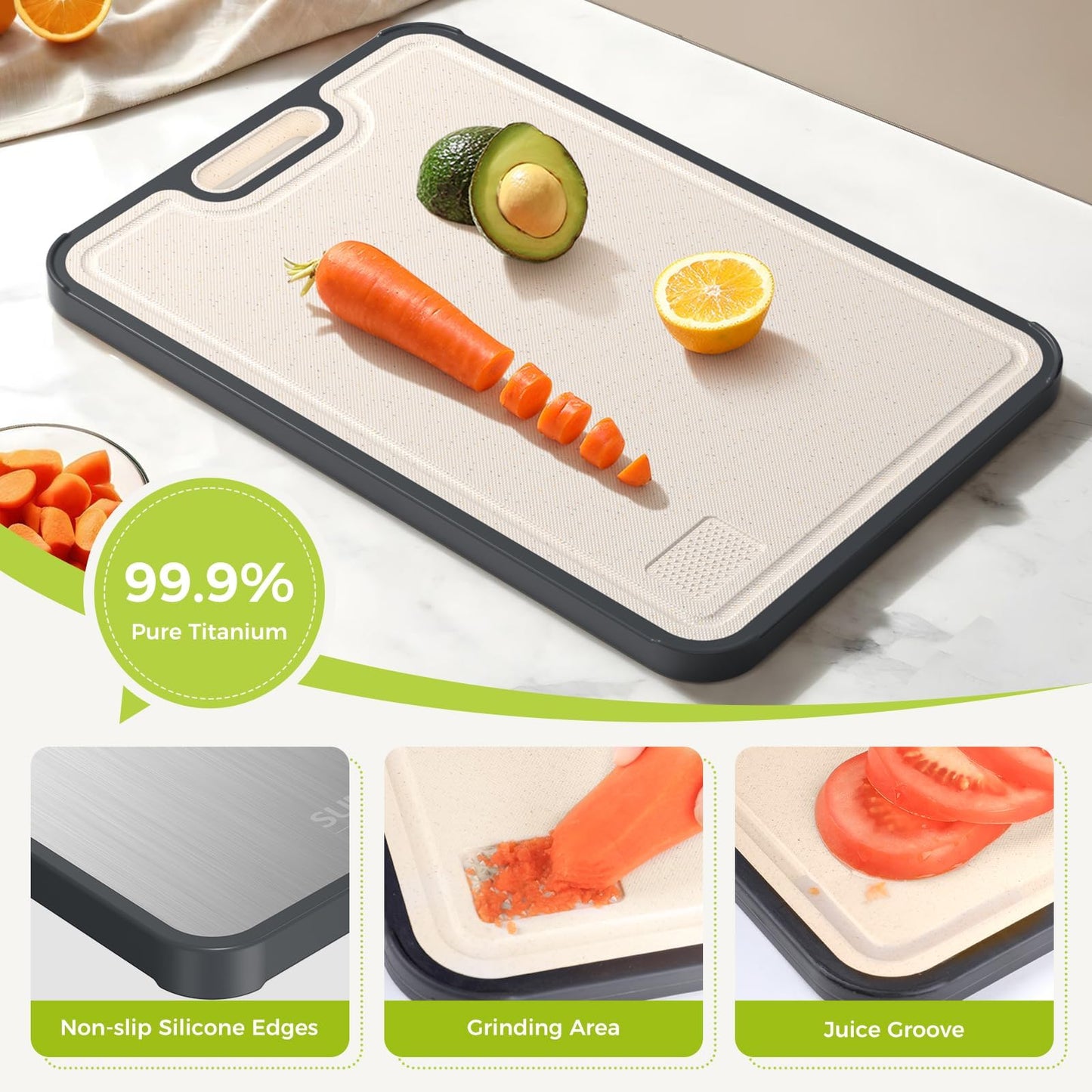 Titanium Cutting Board for Kitchen, Cutting Board Double Sided Food Grade, Pure Titanium/PP, Easy to Clean Large Size 16”×10”