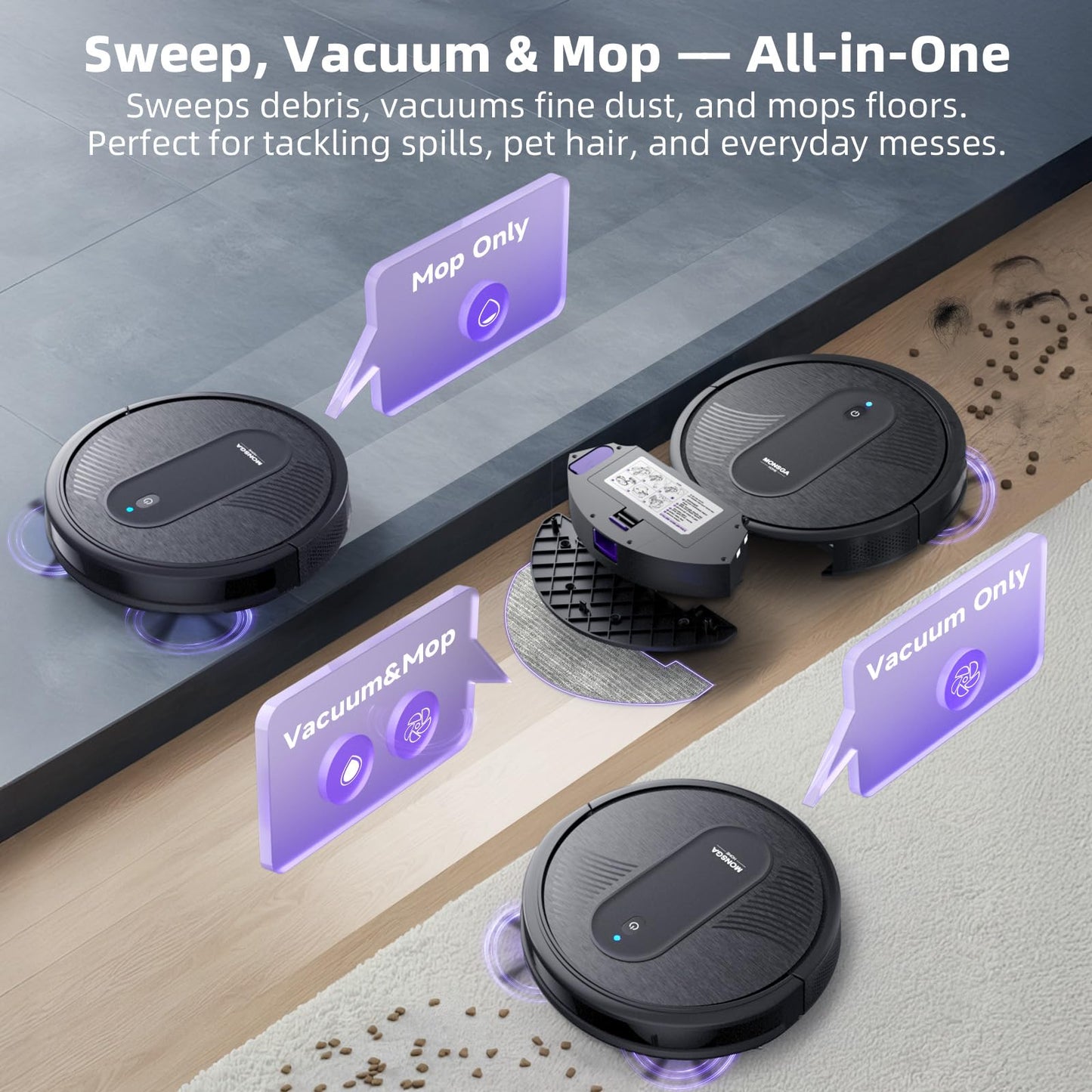 MONSGA Robot Vacuums and mop, 4000Pa Powerful Suction with Self-Charging, 140Mins Runtime, RemoteApp/Voice Control, Ideal for Pet Hair, Hard Floor, Low Pile Carpet (Black)