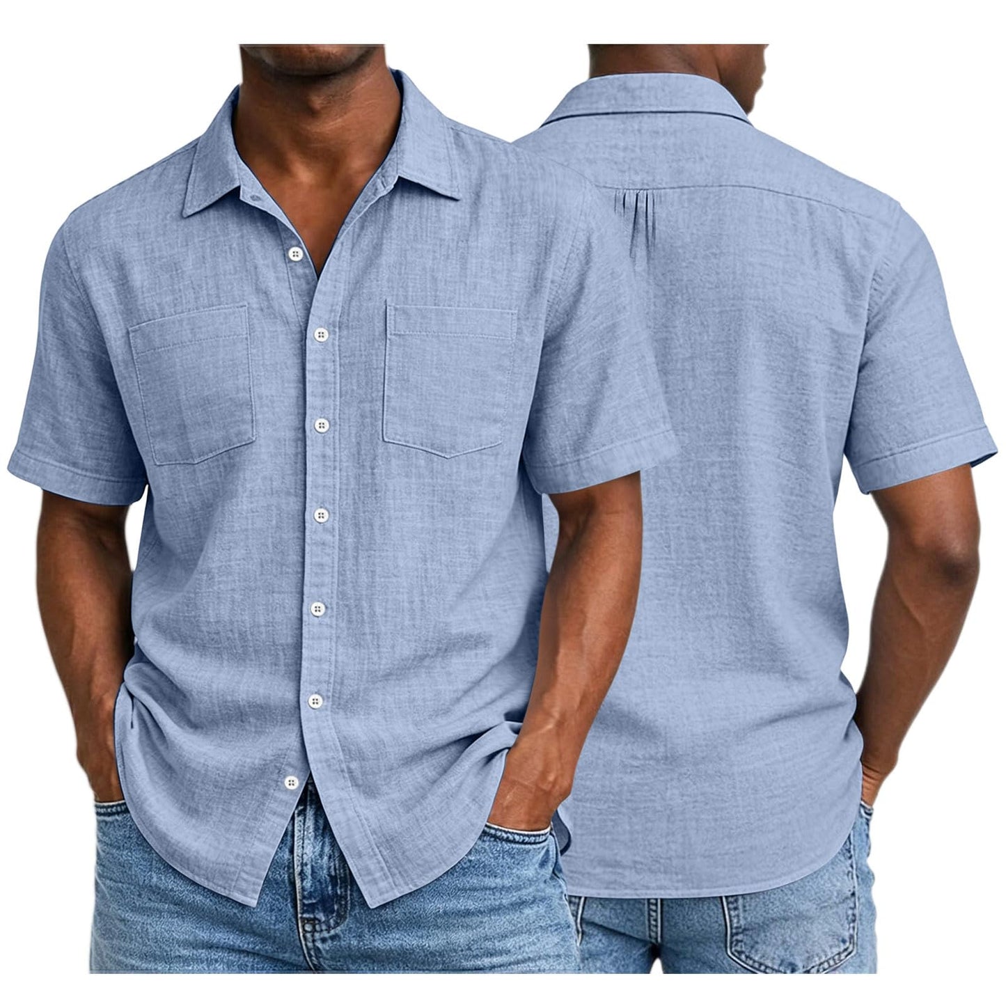 Button up Shirts Men, Mens Cotton Linen Shirts Short Sleeve Button Down Shirt Collared Dressy Casual Work Tops Beach Summer Shirts with Pockets Light Blue