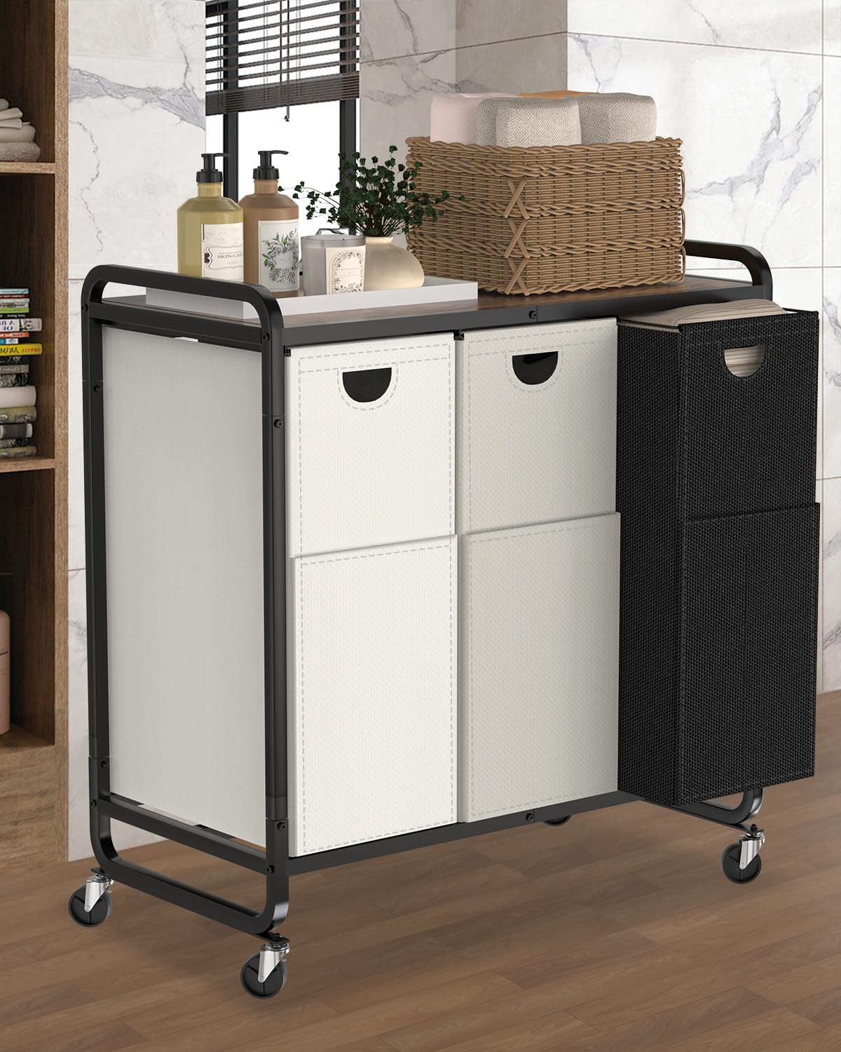 Laundry Basket with Wheels, Laundry Organizer with Large Wooden Desktop Sorter, Laundry Sorter with 3×15.8 Gal (60L) 900D Oxford Fabric Laundry Bags, Laundry Hamper 3 Section (Black-Gray-White-New)