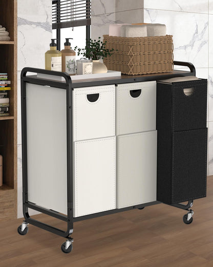 Laundry Basket with Wheels, Laundry Organizer with Large Wooden Desktop Sorter, Laundry Sorter with 3×15.8 Gal (60L) 900D Oxford Fabric Laundry Bags, Laundry Hamper 3 Section (Black-Gray-White-New)