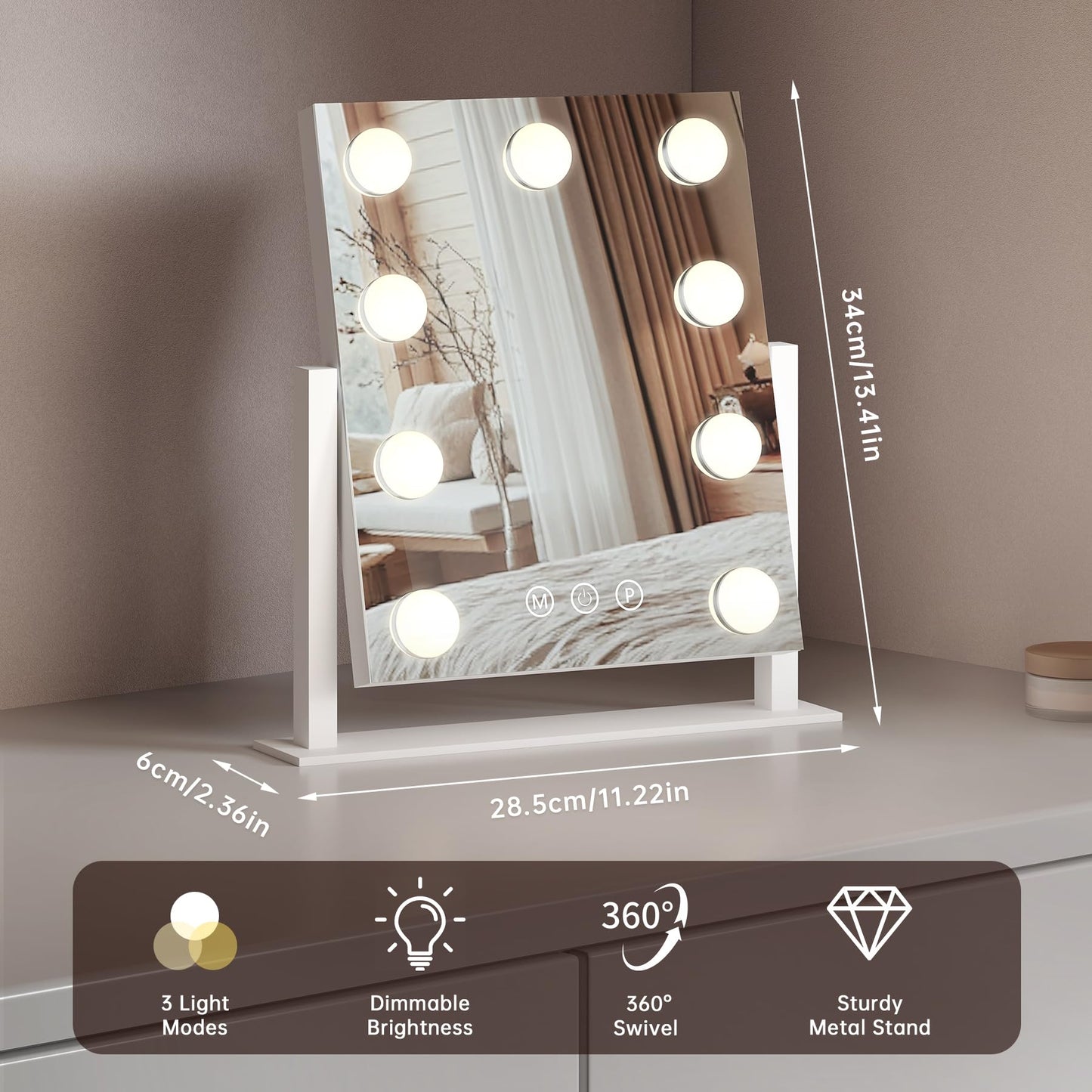 PUKANIUM Vanity Mirror with Light, Hollywood Mirror with Light, Makeup Mirror, 9 Dimmable LED Bulbs, 3 Colors Modes,Smart Touch Control, White