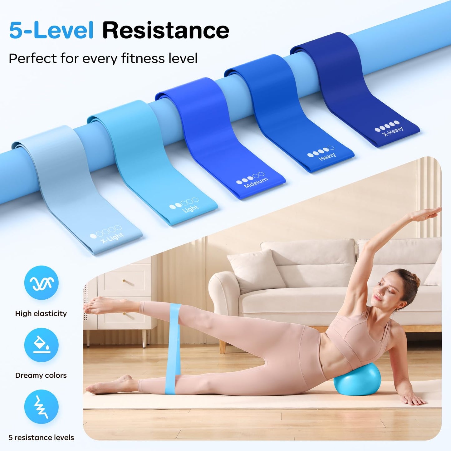 Vanlgs Pilates Kit 13Pcs Home Pilates Essentials Workout Kit with 13" Ring, 10" Ball and Resistance Bands for Women at Home Pilates Equipment Set for Beginners（Blue and White）