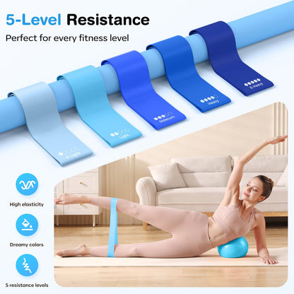 Vanlgs Pilates Kit 13Pcs Home Pilates Essentials Workout Kit with 13" Ring, 10" Ball and Resistance Bands for Women at Home Pilates Equipment Set for Beginners（Blue and White）