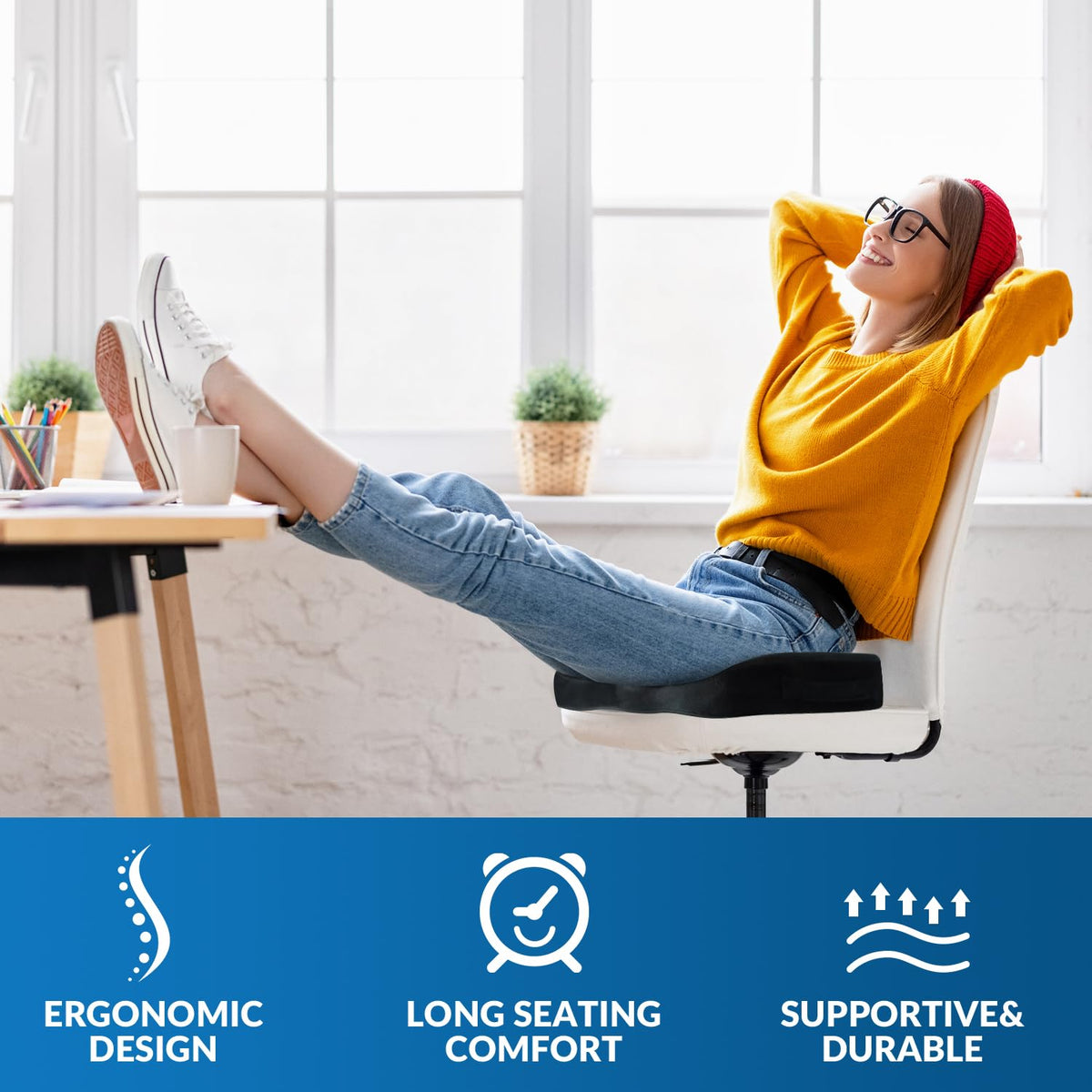 QUTOOL Seat Cushion for Office Chair, High-Density Memory Foam Chair Cushion for Long Hours of Sitting, U-Shaped Seat Pad with Non-Slip Bottom, Removable Cover for Home, Desk & Gaming Chair