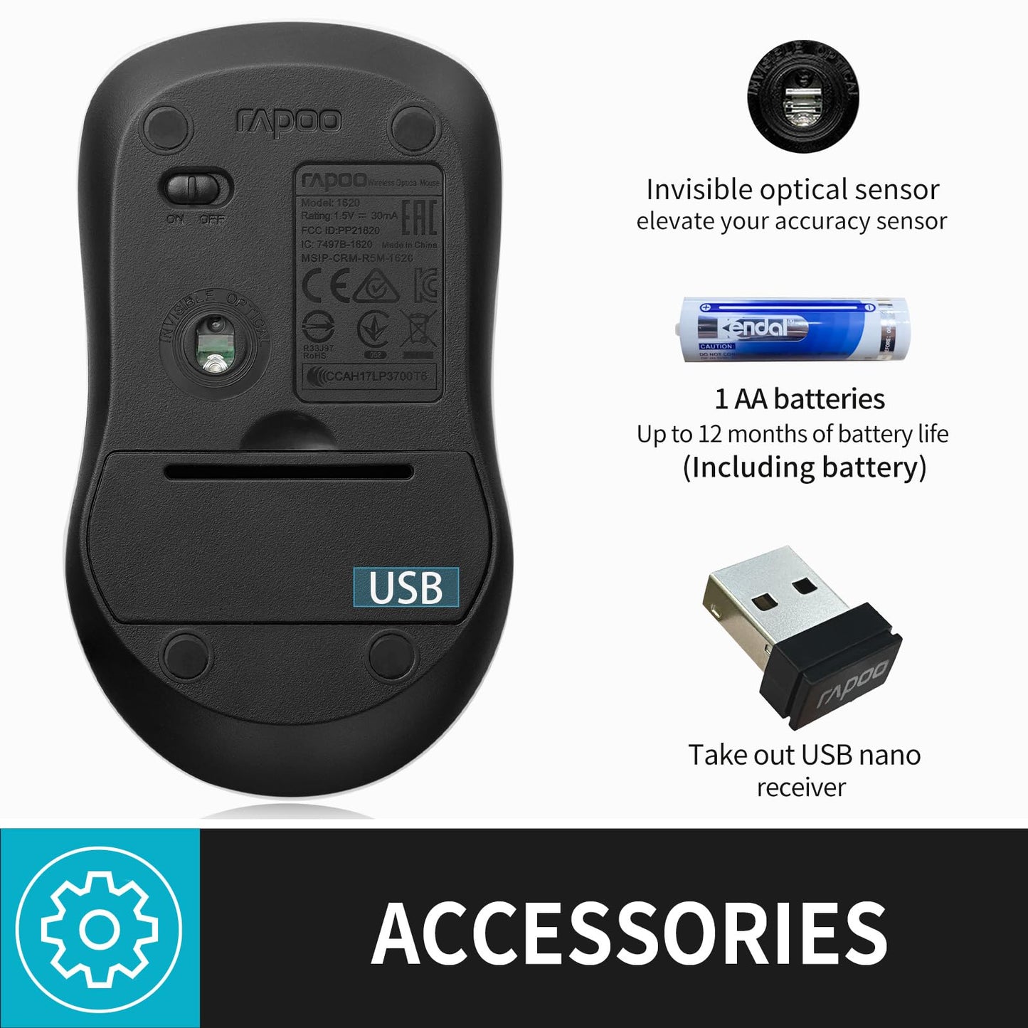 RAPOO 1680 Quiet 2.4GHz Wireless Mouse 1000 DPI 3 Buttons Optical Mouse