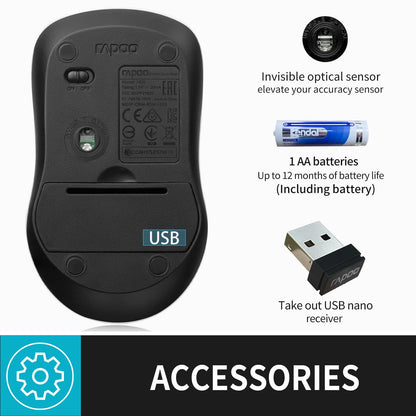 RAPOO 1680 Quiet 2.4GHz Wireless Mouse 1000 DPI 3 Buttons Optical Mouse