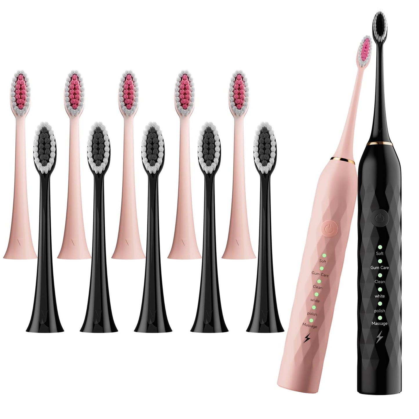 MAXWISDOM Electric Toothbrush 2 Pack - Electric Toothbrush for Adults with 12 Replacement Brush Heads, 2 Toothbrush Holders, 6 Modes (Black & Pink)
