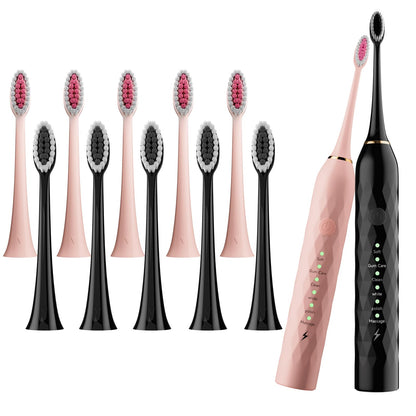 MAXWISDOM Electric Toothbrush 2 Pack - Electric Toothbrush for Adults with 12 Replacement Brush Heads, 2 Toothbrush Holders, 6 Modes (Black & Pink)