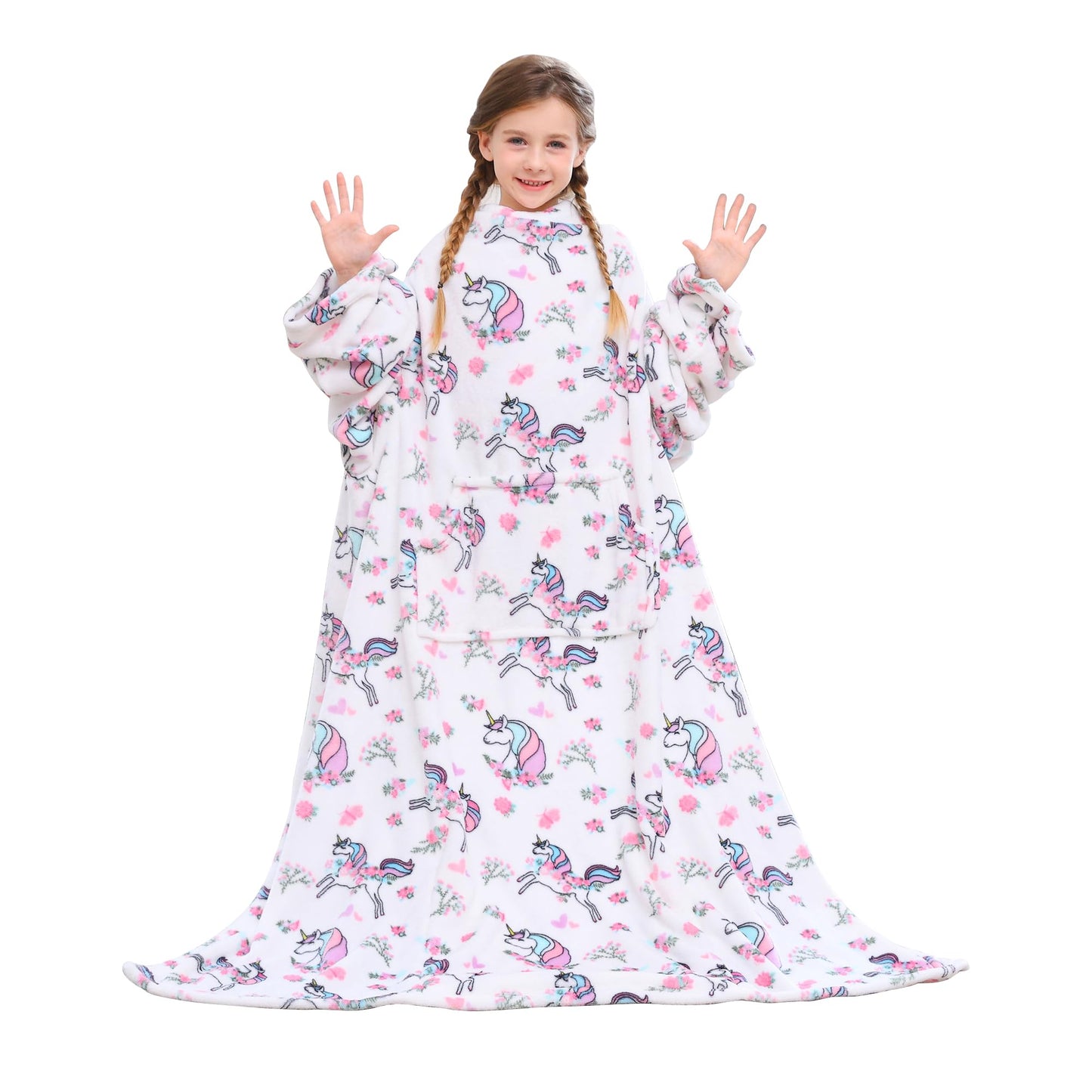 Viviland Wearable Fleece Blanket Hoodie, Blanket Hoodie for Kids with Sleeves & Foot Pocket, 47" X 47" Lightweight Soft Like Flannel, White Unicorn Pattern
