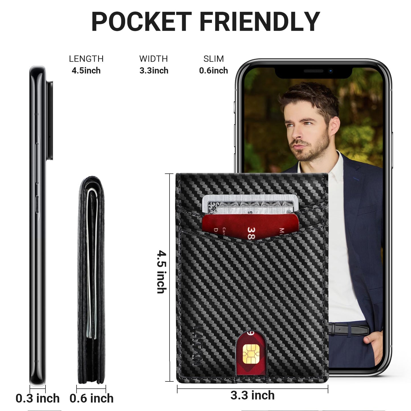 VATAN Wallet for Men Slim RFID Blocking Leather Credit Card Holder Wallet for 15 Cards, Bifold Minimalist Thin Wallet with 2 ID Windows & Cash Slot, with Gift Box (Carbon Fiber Black)
