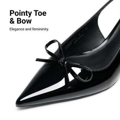 DREAM PAIRS Women's Slingback Kitten Heels Pumps with Bow,Black-Pat,7
