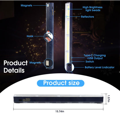 LETOUR Magnetic Light BAR,15.75-inches 7500mAh Rechargeable Portable Lamp Built-in 216-LED Bulbs,with Handy Hook with 2 Magnets Endurance