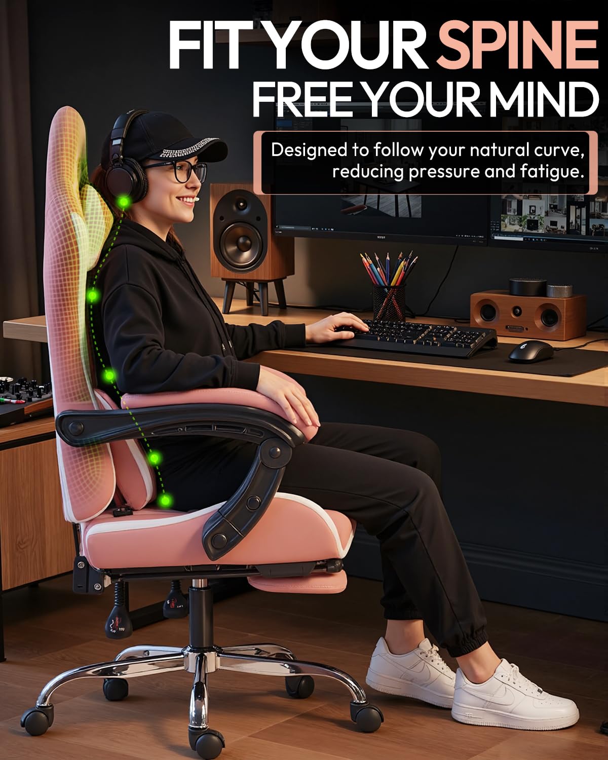 Ergonomic Gaming Chair with Footrest, Heavy Duty 330lbs Office Chair, Massage Lumbar Support, Adjustable Height & Headrest Pillow, Comfortable for Back Pain Relief, Streaming, Long Gaming, Pink