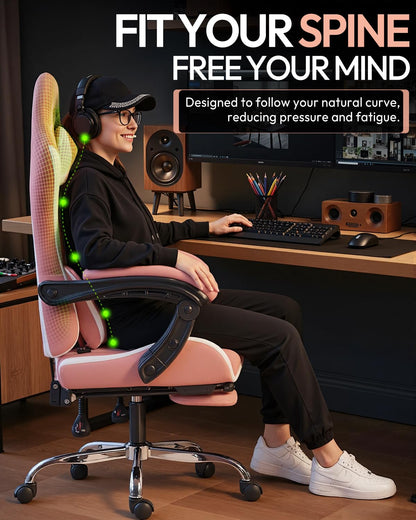 Ergonomic Gaming Chair with Footrest, Heavy Duty 330lbs Office Chair, Massage Lumbar Support, Adjustable Height & Headrest Pillow, Comfortable for Back Pain Relief, Streaming, Long Gaming, Pink