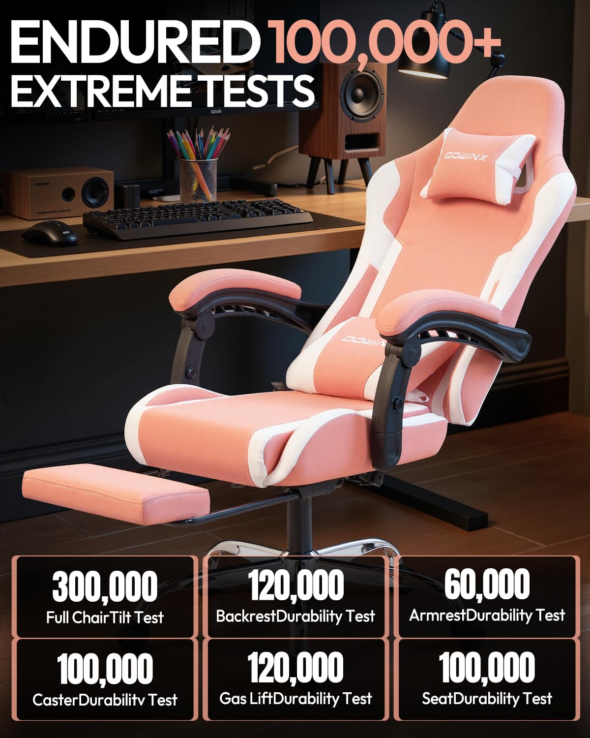 Ergonomic Gaming Chair with Footrest, Heavy Duty 330lbs Office Chair, Massage Lumbar Support, Adjustable Height & Headrest Pillow, Comfortable for Back Pain Relief, Streaming, Long Gaming, Pink