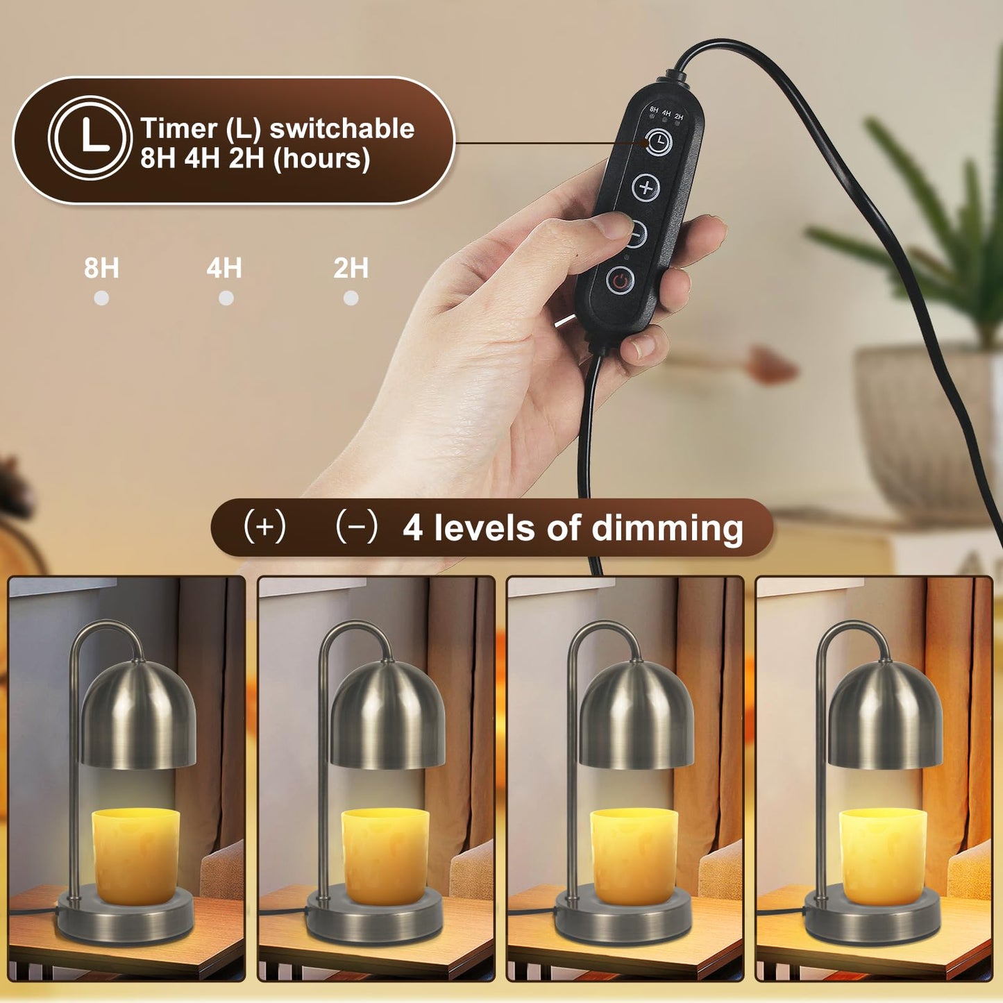 YudouTech Dimmable Candle Warmer Lamp - Copper Metal Candle Wax Warmer with 2 * 50W Bulbs, Timer & Dimmer, Perfect for Bedroom and Living Room Decor