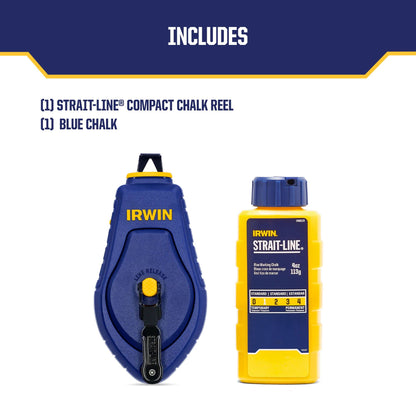 Irwin Tools IRWIN STRAIT-LINE COMPACT Chalk Reel, with Blue Chalk, 100 ft. (IWHT48440BC)