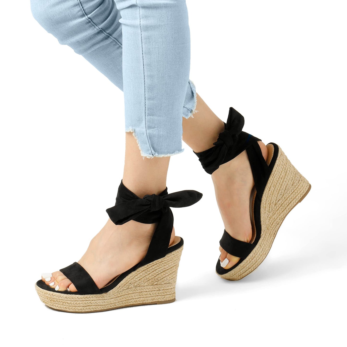 DREAM PAIRS Women's Wedge Sandals Platform Espadrilles Bow Tie Lace Up Dressy Sandals for Summer,Size 6,Black,SDPW2301W
