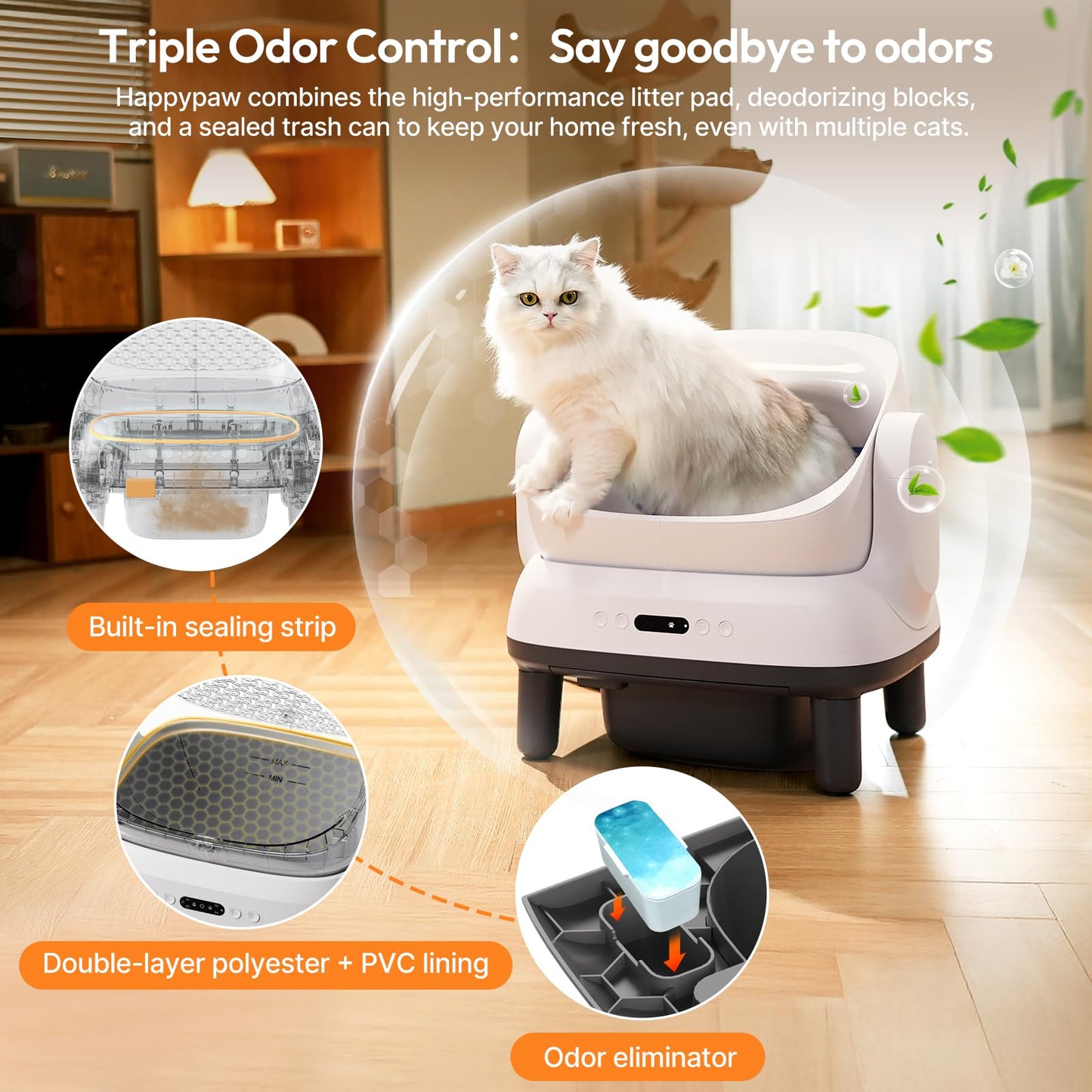 Happypaw Open-Top Self Cleaning Litter Box - Large Capacity Automatic Litter Box for Multiple Cats with Safety Protection, App Control, Odor-Free, Anti-Leakage Material, Includes Trash Bags