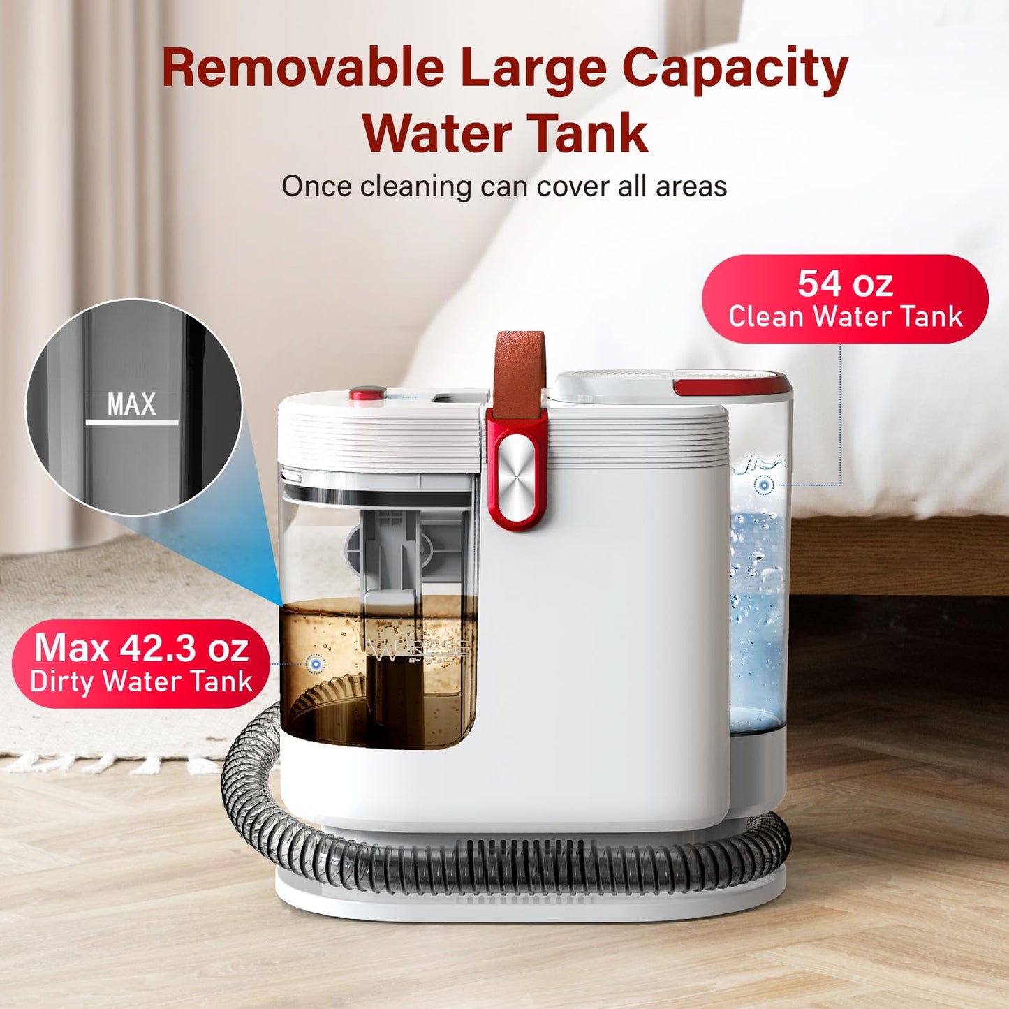 WURESE Portable Carpet Cleaner Machine, Upholstery Washer, 15Kpa Upholstery Deep Cleaner with 3 Tools, 54oz Large Water Tank, 16.4ft Power Cord, Spot and Stain Deep Cleaner for Rug, Couches, Car, Red
