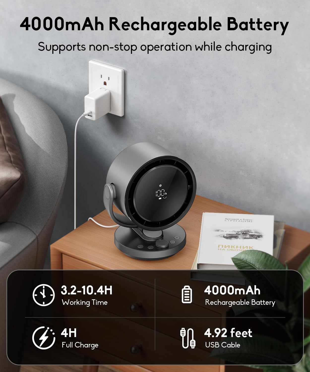 let'me Desk Fan, 100-Speed Table Fan with Digital Display, USB Rechargeable Portable Fan with Warm Night Light, 135°Auto Oscillating Fan and 12H Timer, Small Quiet Desk Fan for Bedroom, Home, Office
