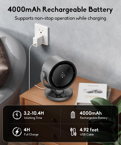 let'me Desk Fan, 100-Speed Table Fan with Digital Display, USB Rechargeable Portable Fan with Warm Night Light, 135°Auto Oscillating Fan and 12H Timer, Small Quiet Desk Fan for Bedroom, Home, Office