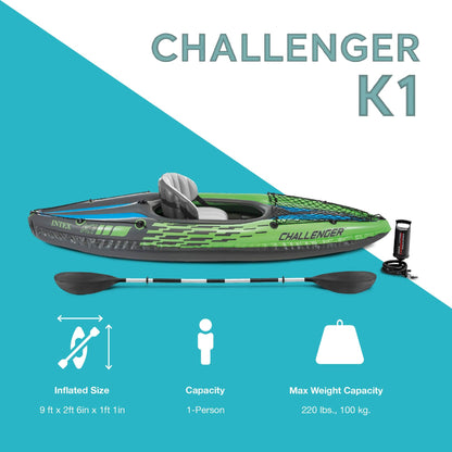 INTEX 68305EP Challenger K1 Inflatable Kayak Set: Includes Deluxe 86in Aluminum Oar and High-Output Pump – Adjustable Seat with Backrest – Removable Skeg – 1-Person – 220lb Weight Capacity