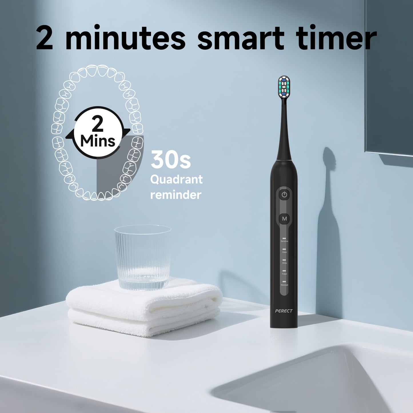 PERECT Sonic Electric Toothbrush for Adults, Rechargeable Electric Toothbrush with 6 Soft Bristle Brush Heads & Travel Case, 5 Modes 3 Intensities, 30 Days Battery, Waterproof Toothbrush（Black）