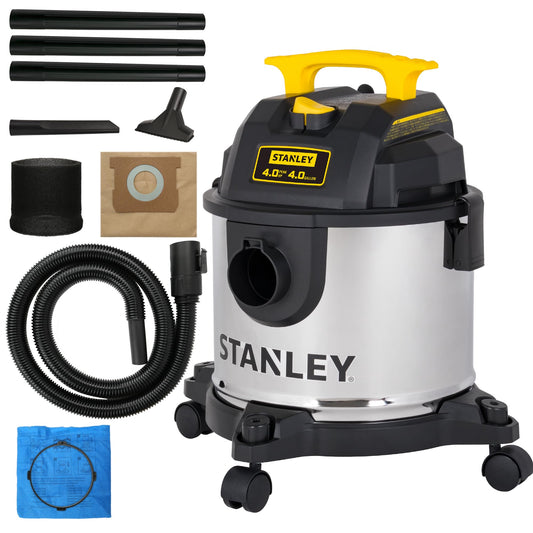 Stanley 4 Gallon Wet Dry Vacuum, 4 Peak HP Stainless Steel 3 in 1 Shop Vacuum Blower with Powerful Suction, for Job Site, Garage, Basement, Model: SL18301-4B