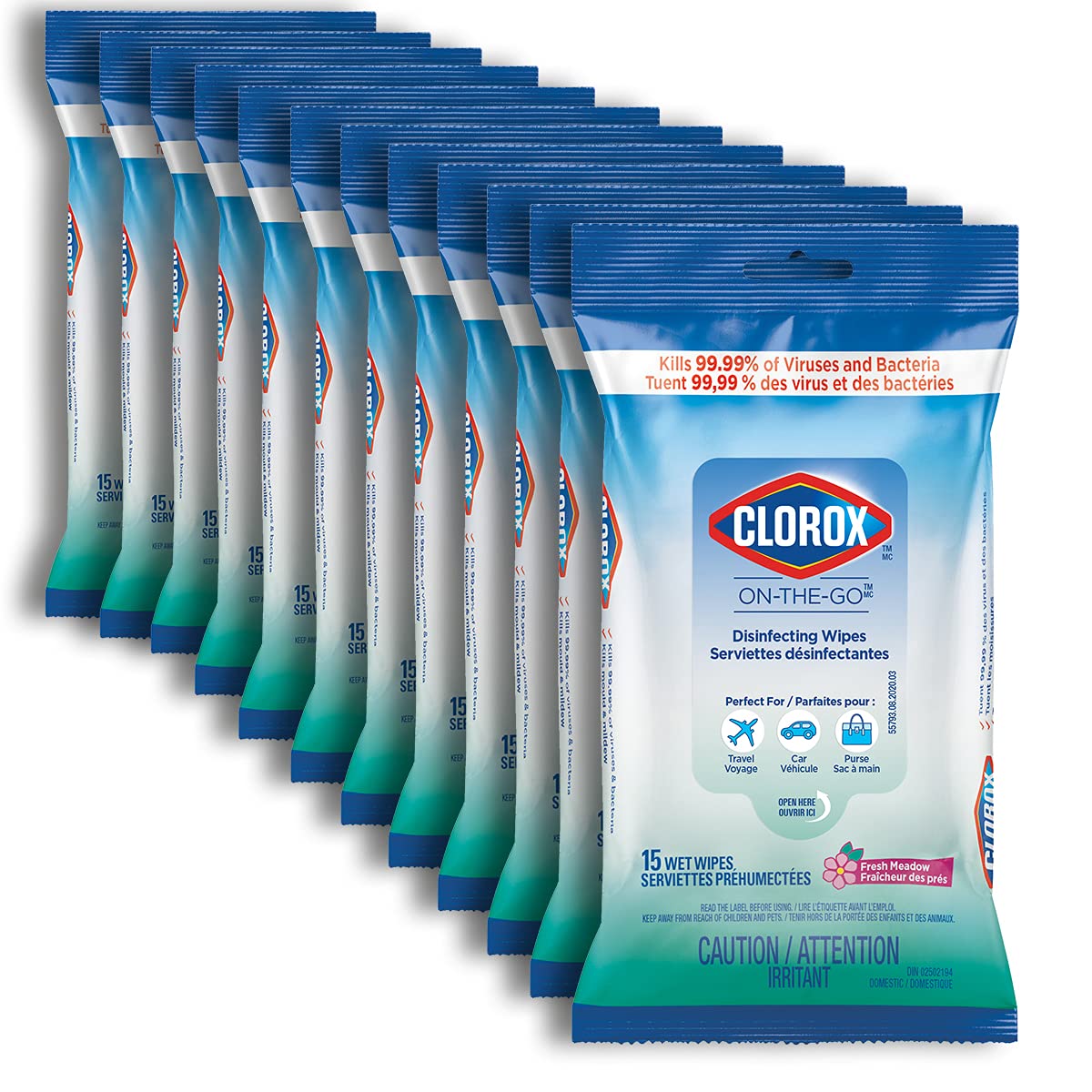 Clorox On-The-Go Disinfecting Wipes, Fresh Meadow, 15 Count, Multi-Pack of 12 Sachets