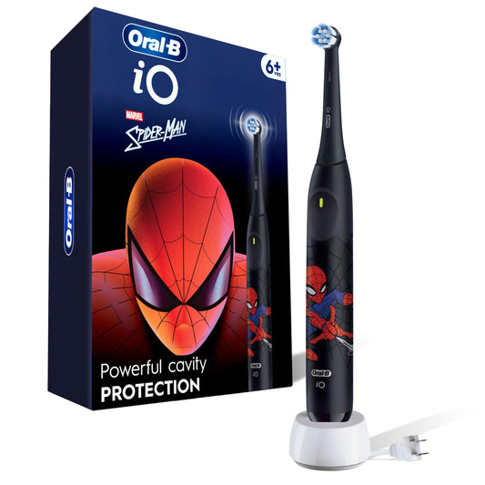 Oral-B iO Kids Rechargeable Electric Powered Toothbrush, Spiderman with 1 Gentle Care Brush Head - Automatic Pressure Sensor to Protect Gums - 3 Cleaning Settings - 2 Min Music Timer - 28 Day Battery Life
