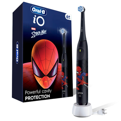 Oral-B iO Kids Rechargeable Electric Powered Toothbrush, Spiderman with 1 Gentle Care Brush Head - Automatic Pressure Sensor to Protect Gums - 3 Cleaning Settings - 2 Min Music Timer - 28 Day Battery Life