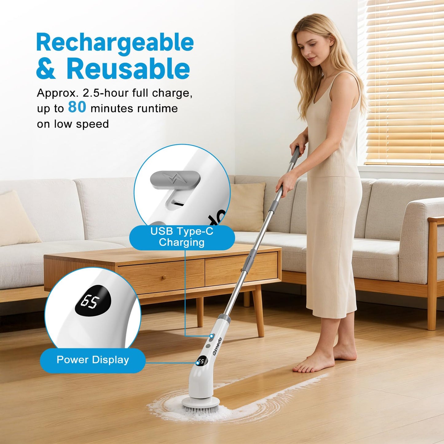 Electric Spin Scrubber for Cleaning, 400 RPM Cordless Cleaning Brush with 7 Replacement Brush Heads, Rechargeable Scrubber with Extendable Long Handle for Shower, Bathroom, Floor, Kitchen