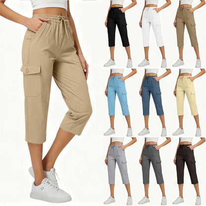 Capri Pants for Women High Waist Cargo Capri Pant Elastic Drawstring Cropped Work Pants with Pockets Summer Casual Trousers Khaki XL X-Large